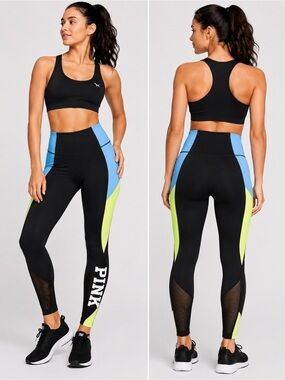 PINK Victoria's Secret Black Leggings with Blue & Neon Yellow Panels